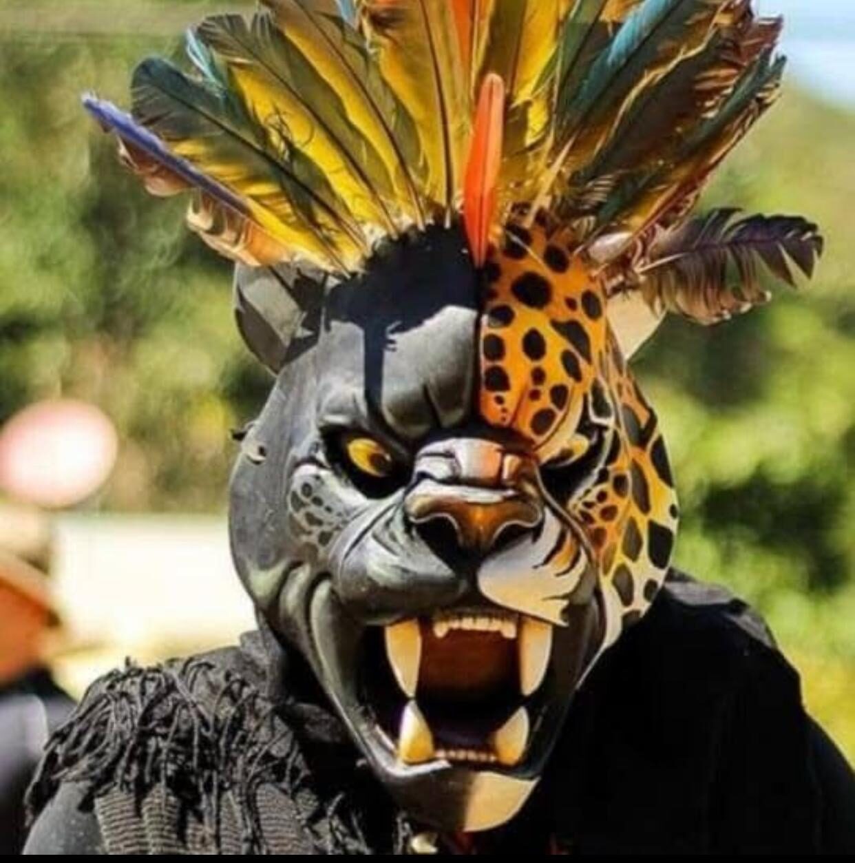 Boruca dancer wearing a jaguar mask with feathers